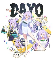 &gt;_&lt; :d ahoge barefoot bell breasts closed_eyes collarbone commentary confetti double_bun food fruit hair_bell hair_between_eyes hair_bun hair_ornament henya_the_genius highres jonillust kettle long_hair looking_at_viewer multiple_persona no_pants one_eye_closed open_mouth purple_hair shirt sleeves_past_fingers sleeves_past_wrists smile t-shirt very_long_hair virtual_youtuber vshojo watermelon xd yellow_eyes