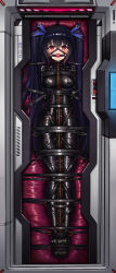 absurdres arms_behind_back ball_gag bdsm blush bodysuit bondage bound box breasts covered_erect_nipples flan_ling gag gag_harness highres impossible_bodysuit impossible_clothes in_box in_container latex latex_bodysuit long_hair looking_at_viewer medium_breasts neptune_(series) nipple_stimulation noire_(neptunia) purple_hair red_eyes restrained saliva saliva_trail sex_toy shibari shibari_over_clothes skin_tight skindentation twintails very_long_hair vibrator vibrator_on_nipple wiffle_gag