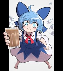 1girl ahoge barefoot blue_bow blue_dress blue_eyes blue_hair bow bowtie chocolate_milk cirno cirno_day closed_mouth collared_shirt commentary cup dress drinking_glass english_commentary fingernails full_body hair_between_eyes hair_bow here_some_choccy_milk_(meme) highres holding holding_cup ice ice_wings incoming_drink looking_at_viewer luant meme outside_border pillarboxed pinafore_dress red_bow red_bowtie shirt short_hair short_sleeves signature simple_background sleeveless sleeveless_dress smile solo toenails touhou white_shirt wings