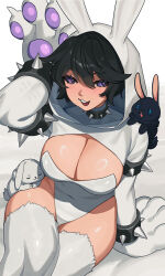 1girl :3 :d animal animal_collar animal_hands animal_hood animal_on_leg animal_on_shoulder arm_support arm_up armlet black_collar black_fur black_hair black_rabbit_(animal) blue_eyes bracelet breasts buck_teeth claws cleavage closed_eyes closed_mouth collar collared_shrug commentary commission covered_navel dewlap double-parted_bangs ears_down english_commentary excited eyebrows_hidden_by_hair fake_claws fang feet_out_of_frame fur_thighhighs gloves grin groin hair_between_eyes hair_flaps half-closed_eyes happy highleg highleg_leotard highres hood hood_up hooded_shrug jewelry karassawa knees large_breasts leaning_to_the_side legs_together leotard light_blush long_eyelashes long_sleeves looking_to_the_side looking_up narrowed_eyes open_hand open_mouth original paw_gloves pawpads playboy_bunny purple_eyes rabbit rabbit_hood rabbit_pose raised_eyebrows short_hair shrug_(clothing) sidelocks sitting sleeping smile solo sparkling_eyes spiked_armlet spiked_bracelet spiked_collar spikes strapless strapless_leotard striped_blush teeth thick_eyelashes thick_thighs thighhighs thighs turtleneck u_u upper_teeth_only wavy_hair white_background white_fur white_leotard white_rabbit_(animal) white_shrug white_thighhighs wide_hips
