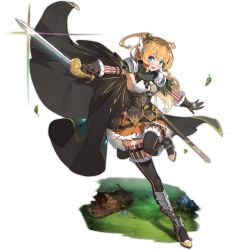 1girl ark_order armpits artist_request black_boots black_cape blonde_hair blue_eyes blush boots bow braid breasts brown_corset brown_gloves brown_thighhighs cape corset elbow_gloves feather_hair_ornament feathers fighting_stance frilled_footwear frilled_gloves frilled_skirt frills full_body gloves gold_trim grass green_bow hair_bow hair_ornament high_heel_boots high_heels holding holding_sword holding_weapon incoming_attack large_breasts leaf leg_up log long_hair looking_at_viewer official_art one_side_up open_mouth orange_skirt percival_(ark_order) pleated_skirt running sheath shirt sideboob skirt solo stone striped_clothes striped_thighhighs sword tachi-e thigh_boots thigh_strap thighhighs transparent_background unsheathed weapon white_shirt white_thighhighs zettai_ryouiki