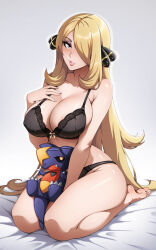 1girl areola_slip armpit_crease barefoot bed_sheet black_bra black_panties blonde_hair bra breasts cleavage collarbone commentary curvy cynthia_(pokemon) english_commentary full_body garchomp gen_4_pokemon grey_eyes hair_ornament hair_over_one_eye highres holding holding_stuffed_toy large_breasts lips long_hair looking_at_viewer nintendo panties parted_lips pokemon pokemon_dppt seiza sitting sonicbluespeed stuffed_toy thighs underwear underwear_only very_long_hair