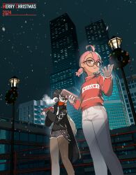 2024 2girls ahoge black-framed_eyewear black_coat black_eyes black_hair black_shorts borrowed_character brown_pantyhose cellphone chikuwa_fan973 christmas_wreath city cityscape coat denim denim_shorts dork_(suwafro) earrings glasses gloves grey_pants hair_over_one_eye highres jewelry long_hair long_sleeves low_twintails merry_christmas multiple_girls original oshii_(suwafro) outdoors pants pantyhose parted_lips phone pink_eyes pink_hair red_gloves red_sweater round_eyewear short_hair short_twintails shorts smartphone sweater twintails wreath