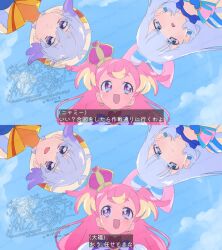 Rule 34 | anime coloring, antenna hair, bare shoulders, beret, blonde hair, blue bow, blue bowtie, blue brooch, blue choker, blue eyes, blue sky, blunt bangs, bow, bow choker, bow earrings, bowtie, brooch, choker, cloud, collared dress, colored tips, commentary request, crown, crown earrings, cure nyammy, cure wonderful, day, dot nose, dress, earrings, expressionless, eyelashes, fake screenshot, from below, grey hair, hair between eyes, hair bow, hair ears, happy, hat, hat ornament, heart, heart brooch, heart hat ornament, high collar, highres, inukai komugi, jewelry, large bow, light blush, long hair, looking at another, loose hair strand, magical boy, magical girl, mini crown, multicolored hair, nekoyashiki yuki, off-shoulder dress, off shoulder, open mouth, outdoors, parted lips, pink bow, pink bowtie, pink brooch, pink crown, pink dress, pink eyes, pink hair, precure, puffy short sleeves, puffy sleeves, purple bow, purple bowtie, robe, sailor collar, serizawa serizane, short hair, short sleeves, single stripe, sky, smile, straight hair, streaked hair, striped bow, striped bowtie, striped clothes, tareme, toyama daifuku, translation request, twitter username, two-tone hair, two side up, watermark, white bow, white dress, white hair, white hat, white robe, white sleeves, wonderful precure!, yellow bow, yellow pupils, yellow sailor collar