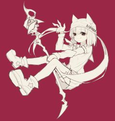 1girl absurdres boots english_text female_focus hat highres long_hair long_sleeves looking_at_viewer monochrome original red_background riuichi school_uniform simple_background smile solo staff star_(symbol) thighhighs