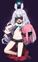 1girl absurdres ankle_garter antenna_hair bikini bikini_skirt black_bikini black_skirt cape closed_eyes flat_chest fur_trim galaktika gauntlets gluteal_fold hand_on_own_hip highres hoshimiya_kate leg_up legs long_hair lowleg lowleg_skirt mask navel open_mouth purple_background red_cape sekai_seifuku:_bouryaku_no_zvezda silver_hair simple_background skirt smile solo standing standing_on_one_leg stuffed_toy swimsuit thighs useq1067 venera-sama