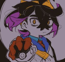 1boy ahoge angry bags_under_eyes black_hair commentary_request crossed_bangs dark_background frown game_freak gloves hair_between_eyes hairband holding holding_poke_ball jacket kieran_(pokemon) looking_at_viewer lunchbox_(artist) male_focus mole mole_on_neck multicolored_hair nintendo partially_fingerless_gloves poke_ball pokemon pokemon_sv purple_hair shirt short_hair shrunken_irises strap teeth two-tone_hair upper_body wide-eyed yellow_eyes