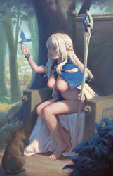 1girl animal barefoot bigrbear bird blonde_hair blue_capelet bracelet breasts breasts_apart cape capelet cat commentary elf english_commentary feet forest hand_up highres holding holding_staff jewelry large_breasts long_hair looking_at_animal naked_cape nature nipples nudist open_mouth original outdoors pointy_ears red_eyes sitting solo staff throne toes