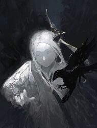 1girl absurdres artist_name bird black_horns black_necktie closed_eyes closed_mouth crow english_text highres horns long_hair necktie original pale_skin shirt single_horn solo sorrowny upper_body white_hair white_shirt