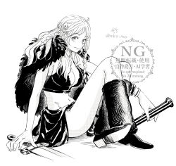 1girl alternate_costume alternate_hairstyle boots bracelet braid breasts capelet cleavage clima-tact crop_top fur-trimmed_capelet fur_trim highres jewelry large_breasts leg_warmers long_hair looking_at_viewer midriff mkz_mo monochrome nami_(one_piece) nami_(one_piece)_(elbaf) navel official_alternate_costume official_alternate_hairstyle on_floor one_piece sitting skirt smile solo staff sword twitter_username weapon