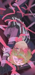 Rule 34 | 1boy, absurdres, belt, belt buckle, black belt, black coat, black gloves, black pants, blonde hair, blush, bound, buckle, coat, collared shirt, e.g.o (project moon), foot out of frame, gloves, gradient hair, highres, limbus company, looking at viewer, lying, male focus, maratang, multicolored hair, necktie, on back, one eye covered, pants, pink eyes, pink hair, pink ribbon, pink shoes, pink shoes (project moon), project moon, red necktie, ribbon, ribbon bondage, roseate desire (e.g.o), seductive smile, shirt, shoes, sinclair (project moon), smile, suspenders, tied up (nonsexual), white shirt