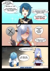 1girl 2021 2boys absurdres aunt_and_nephew blue_hair chongyun_(genshin_impact) closed_eyes english_text evil_smile genshin_impact gloves happy highres multiple_boys purple_eyes rumi_(rumigawa31) shenhe_(genshin_impact) smile speech_bubble xingqiu_(genshin_impact) yellow_eyes