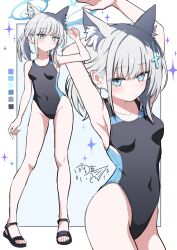 1girl absurdres amane_ito animal_ear_fluff animal_ears arms_up black_one-piece_swimsuit blue_archive blue_eyes breasts color_guide commentary_request competition_swimsuit covered_navel cowboy_shot cross_hair_ornament extra_ears full_body grey_hair hair_ornament halo highres low_ponytail medium_breasts medium_hair mismatched_pupils multicolored_swimsuit multiple_views official_alternate_costume one-piece_swimsuit ponytail sandals shiroko_(blue_archive) shiroko_(swimsuit)_(blue_archive) swimsuit wolf_ears