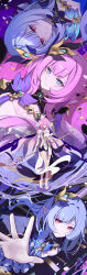 Rule 34 | 3girls, absurdres, ai dongdong, bare legs, bare shoulders, barefoot, black shorts, black shrug, blue eyes, breasts, cleavage, closed mouth, elf, elysia (herrscher of human: ego) (honkai impact), elysia (honkai impact), elysia (miss pink elf) (honkai impact), gloves, hair ornament, hand up, herrscher of corruption, highres, holding, holding staff, honkai (series), honkai impact 3rd, large breasts, legs, leotard, light smile, long hair, looking at viewer, missing commentary, multiple girls, multiple persona, orange eyes, parted lips, pink hair, pink pupils, pointy ears, purple hair, short shorts, shorts, shrug (clothing), sidelocks, smile, staff, white gloves, white leotard