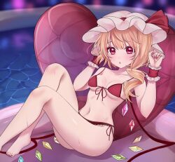 1girl absurdres barefoot bikini blonde_hair breasts chalc0 crystal crystal_wings flandre_scarlet frilled_cuffs front-tie_bikini_top front-tie_top hat heart heart-shaped_pillow highres medium_breasts mob_cap one_side_up pillow pool reclining red_bikini red_eyes side-tie_bikini_bottom sitting solo swimsuit touhou w_arms white_hat wings