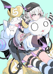 1girl absurdres asumi_sena asymmetrical_legwear black_hat closed_mouth commentary_request hat highres long_sleeves looking_at_viewer multicolored_hair pink_eyes pink_hair skirt socks solo streaked_hair striped_clothes striped_socks stuffed_toy tail tetsu_booya thigh_strap two-tone_hair uneven_legwear v virtual_youtuber vspo! white_hair