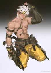 Rule 34 | 1boy, abs, arknights, black shirt, cador (arknights), chinese commentary, colored tips, commentary request, gradient background, grin, highres, kneeling, looking at viewer, male focus, ming feng (disx sleep), multicolored hair, muscular, muscular male, navel, nipples, pants, pectorals, shirt, sleeveless, sleeveless shirt, smile, topless male, torn clothes, watermark, weibo watermark, yellow pants