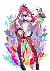 1girl absurdres apron baobhan_sith_(fate) bare_shoulders bikini black_bikini black_skirt blush bow bowtie breasts cernunnos_(fate) cleavage detached_collar earrings fate/grand_order fate_(series) food full_body grey_eyes high_heels highleg highleg_bikini highres jewelry large_breasts long_hair looking_at_viewer maid maid_bikini maid_headdress miniskirt navel parfait pink_hair pointy_ears red_thighhighs shibakame sidelocks skirt smile solo swimsuit thighhighs tiara unconventional_maid waist_apron wrist_cuffs