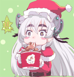 ! !! 10s 1girl bad_id bad_pixiv_id blush blush_stickers butterfly_hair_ornament chaika_trabant chicken_(food) eating eyebrows female_focus food food_in_mouth green_background hair_ornament hairband hat hitsugi_no_chaika lolita_hairband long_hair purple_eyes santa_costume santa_hat solo star-shaped_pupils star_(symbol) symbol-shaped_pupils touge_hiro white_hair