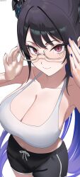 1girl absurdres adjusting_eyewear alternate_costume asymmetrical_horns bare_shoulders black_hair black_horns black_shorts blue_hair blue_nails breasts cleavage closed_mouth colored_inner_hair commentary crystal_horns demon_horns english_commentary fingernails flower glasses gototo_touma hair_between_eyes hair_ornament highres hololive hololive_english horn_flower horns huge_breasts large_breasts light_blush long_fingernails long_hair looking_at_viewer midriff mole mole_under_eye multicolored_hair nail_polish navel nerissa_ravencroft red_eyes semi-rimless_eyewear short_shorts shorts simple_background smile solo sports_bra twitter_username two-tone_hair under-rim_eyewear uneven_horns very_long_hair virtual_youtuber white_background white_sports_bra