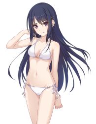 Rule 34 | 1girl, arm behind back, bikini, black eyes, black hair, breasts, closed mouth, collarbone, cowboy shot, floating hair, hair between eyes, hair ornament, hairclip, hand in own hair, long hair, looking at viewer, medium breasts, navel, official art, princess connect!, rei (princess connect!), rei (real) (princess connect!), side-tie bikini bottom, swimsuit, tachi-e, thighs, white bikini