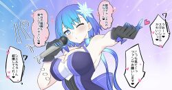 1girl armpits blowing_kiss blue_eyes blush breasts ciel_(tsukihime) cleavage gloves heart highres japanese_text large_breasts looking_at_viewer melty_blood microphone one_eye_closed outstretched_arm puckered_lips solo translation_request tsukihime wink