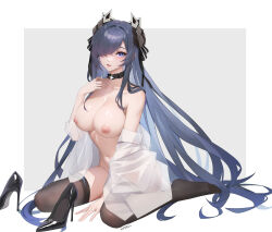 absurdres artist_name august_von_parseval_(azur_lane) august_von_parseval_(the_unhulde&#039;s_midday_respite)_(azur_lane) azur_lane black_choker black_shoes black_thighhighs blue_eyes blue_hair border breasts bright_pupils choker cleavage collarbone collared_shirt commentary_request cross cross_choker eyelashes feet full_body grey_background hair_intakes hair_over_one_eye hand_on_own_chest hand_up high_heels highres horns large_breasts large_variant_set long_bangs long_hair long_sleeves looking_at_viewer mechanical_horns navel nipples no_bra no_panties off_shoulder official_alternate_costume one_eye_covered outside_border parted_bangs parted_lips red_lips shirt shoes sitting straight_hair thighhighs toenails toes unworn_shoes variant_set very_long_hair wariza white_border white_pupils white_shirt xnnagu