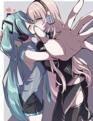 Rule 34 | 2girls, aqua hair, aqua nails, black shirt, black skirt, black thighhighs, blue eyes, breasts, commentary request, grey background, grey eyes, grey shirt, hatsune miku, headphones, heart, highres, kiss, large breasts, long hair, medium breasts, megurine luka, multiple girls, nail polish, pink hair, pleated skirt, shiroinu (shiroinu 283p), shirt, skirt, sleeveless, sleeveless shirt, thighhighs, twintails, vocaloid, yuri