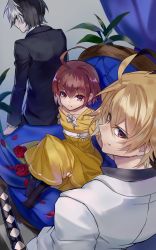 1girl 2boys ahoge alternate_costume armchair black_eyes black_hair black_pantyhose blonde_hair brown_eyes brown_hair chair collarbone curtains dress flower highres kido_hyde klllk knees_up linne_(under_night_in-birth) multicolored_hair multiple_boys no_shoes off_shoulder pantyhose petals plant red_eyes rose rose_petals seth_(under_night_in-birth) short_hair single_strap sitting sword two-tone_hair under_night_in-birth weapon white_hair yellow_dress