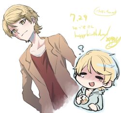 Rule 34 | 1girl, bad link, blonde hair, blush, brown jacket, chibi, deformed, drunk, highres, hood, hoodie, ikemen joshi to josou danshi, jacket, mirumiru, red shirt, reverse trap, rindou hazuki, shirt, short hair, smile, smirk, tears, yellow eyes