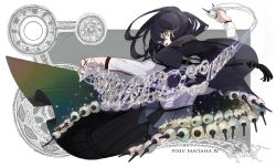 1boy androgynous copyright_name english_text eye_trail glowing glowing_eye heterochromia holding light_trail long_hair looking_at_viewer looking_back magic male_focus moon_(pixiv_fantasia) nishihara_isao pixiv_fantasia pixiv_fantasia_4 purple_eyes purple_hair solo spool string thread yellow_eyes
