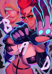 1girl absurdres adjusting_clothes adjusting_gloves alternate_costume artist_request bandaid breasts candy chain crimson_viper food glove_pull gloves goggles green_eyes highres jacket large_breasts latex lips lollipop pasties red_hair signature smile street_fighter