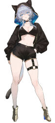 1girl absurdres alternate_costume animal_ears black_bra black_choker black_jacket black_shorts blue_eyes boots bra breasts cat_ears cat_girl cat_tail choker cipher_(honkai:_star_rail) cleavage commentary_request gold_boots grey_hair highres honkai:_star_rail honkai_(series) jacket large_breasts maria_(maria_rose) navel short_hair_with_long_locks shorts simple_background solo stomach tail underwear white_background