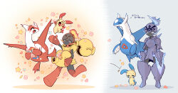 Rule 34 | absurdres, arm blade, armarouge, armor, black helmet, black skin, blue fur, blue wings, blush, body fur, ceruledge, closed eyes, color connection, colored skin, commentary request, dragon, fiery hair, fire, floating, flower, full body, gen 3 pokemon, group picture, helmet, highres, knight, latias, latios, legendary pokemon, midair, minun, multicolored skin, nintendo, plusle, pokemon, pokemon (creature), purple armor, purple fire, purple helmet, purple skin, rdokkn, red fur, red skin, red wings, shoulder armor, star (symbol), sword, trait connection, translation request, two-tone skin, weapon, wings, yellow fur