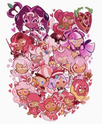 &gt;_o 1boy 2others 6+girls :3 :d ;d ^_^ absurdly_long_hair absurdres ascot bag black_hair black_sclera blue_eyes blueberry_hair_ornament blunt_bangs blunt_ends bow brown_bag cherry_blossom_cookie chromatic_aberration closed_eyes colored_sclera commentary cookie_run cookie_run:_kingdom cookie_run:_ovenbreak cotton_candy_cookie creature crown curly_hair dark-skinned_female dark_skin didy414 double_bun dragon_tail dragon_wings dress drumsticks energy_gun english_commentary envelope eyeshadow fang film_grain flower food-themed_creature food-themed_hair food-themed_hair_ornament food-themed_hat full_body glove_cutout gloves green_wings guitar hair_between_eyes hair_bow hair_bun hair_ornament handbag hat headset heart heart-shaped_eyes highres holding holding_bag holding_drumsticks holding_envelope holding_guitar holding_instrument holding_ray_gun holding_shield holding_sword holding_wand holding_weapon hollyberry_cookie instrument lance long_hair looking_at_viewer lychee_dragon_cookie macaron_cookie makeup marshmallow_cookie mini_crown multicolored_hair multiple_girls multiple_others one_eye_closed open_mouth outline pants parfait_cookie pink_bow pink_choco_cookie pink_dress pink_eyes pink_flower pink_hair pink_skirt pink_theme polearm princess_cookie puffy_short_sleeves puffy_sleeves purple_eyeshadow purple_hair purple_hat purple_tail raspberry_cookie ray_gun red_eyes red_hair red_hat shield shining_glitter_cookie shirt short_hair short_sleeves simple_background skirt smile space_doughnut sparkle sprinkles strawberry_cookie strawberry_crepe_cookie streaked_hair sugar_gnome sword tail very_long_hair wand weapon weapon_on_back whipped_cream_cookie white_ascot white_background white_gloves white_hair white_outline white_pants white_shirt wings