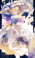 Rule 34 | 1boy, absurdres, alternate costume, aotu world, armband, artist name, bird, black hat, blonde hair, blue eyes, bow, candle, chinese commentary, crossdressing, dress, feathers, feet out of frame, flower, gloves, hair between eyes, hair flower, hair ornament, hand up, hat, hat flower, highres, jewelry, king (aotu world), light particles, looking at viewer, male focus, multicolored dress, parted lips, plutoray, pointy ears, ribbon, short hair, skeleton print, skull, sleeveless, sleeveless dress, smile, solo, sparkle, trap, white bow, white dress, white flower, white gloves, white ribbon, witch hat, yellow feathers, yellow flower, yellow gloves