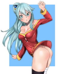 Rule 34 | 1girl, aqua (konosuba), ass, asymmetrical legwear, bandaged leg, bandages, black thighhighs, blue background, blue eyes, blue hair, border, bottomless, breasts, cleavage, collarbone, cosplay, floating hair, hair between eyes, highres, kono subarashii sekai ni shukufuku wo!, kurota snana9241, long hair, long sleeves, looking down, medium breasts, megumin, megumin (cosplay), no panties, off-shoulder shirt, off shoulder, parted lips, red shirt, shirt, solo, standing, thighhighs, very long hair, white border