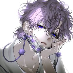 1boy aegyo_sal bags_under_eyes blue_eyes cable cameo closed_mouth commentary ditto eyelashes frown gen_1_pokemon hair_between_eyes half-closed_eyes hand_on_own_cheek hand_on_own_face head_rest head_tilt male_focus mask mask_pull mouth_mask muksal nintendo original pokemon portrait purple_hair purple_theme shirt short_hair simple_background solo t-shirt wavy_hair white_background