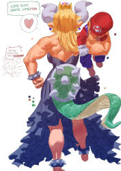 1boy 2girls ac120 backboob barefoot black_dress blonde_hair bowsette bracelet breasts brown_hair color_guide crown dress earrings english_text facial_hair from_behind heart held_up highres horns jewelry kneepits large_breasts lizard_tail long_hair mario mario_(series) multiple_girls muscular muscular_female mustache new_super_mario_bros._u_deluxe nintendo over_shoulder overalls princess_peach red_headwear simple_background speech_bubble spiked_anklet spiked_bracelet spiked_shell spikes spoken_heart strapless strapless_dress super_crown tail white_background white_horns