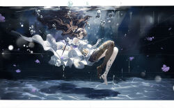 Rule 34 | 1girl, 606 haochuangshangren, absurdres, air bubble, bare shoulders, barefoot, black hair, bubble, caustics, closed eyes, dress, elbow gloves, feather hair ornament, feathers, flower, from side, full body, gloves, hair floating upwards, hair ornament, highres, holding, holding wand, knees up, long hair, official alternate costume, profile, prosthesis, prosthetic leg, purple flower, reverse:1999, single elbow glove, solo, underwater, very long hair, wand, white dress, white gloves, willow (reverse:1999)
