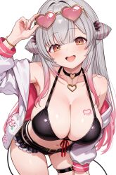Rule 34 | 1girl, absurdres, belt, bent over, bikini, black bikini, black choker, breast tattoo, breasts, choker, cleavage, cropped legs, daysss, eyewear on head, gradient hair, grey hair, heart, heart-shaped eyewear, heart choker, highres, huge breasts, indie virtual youtuber, jacket, large breasts, long hair, looking at viewer, multicolored hair, navel, open clothes, open jacket, open mouth, pink hair, skindentation, smile, solo, standing, sunglasses, suou patra, swimsuit, tattoo, teeth, thigh strap, upper teeth only, white jacket, yellow eyes