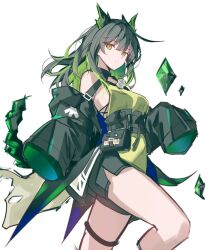 1girl ahoge arknights bare_shoulders belt belt_pouch black_hair black_jacket breasts closed_mouth commentary cowboy_shot crystal_tail dress english_commentary green_dress green_eyes green_hair highres huge_ahoge jacket long_hair long_sleeves looking_at_viewer medium_breasts mon3tr_(arknights) multicolored_hair off_shoulder pouch sideboob sidelocks simple_background sleeves_past_fingers sleeves_past_wrists solo sparks_summer star_of_life stethoscope stethoscope_around_neck thigh_belt thigh_strap thighs two-tone_hair white_background
