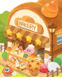 bag baguette bakery blue_eyes blush_stickers bread brown_eyes building chef_hat closed_mouth colored_skin commentary day food hat highres holding holding_bag jam jar kirby kirby_(series) menu_board miclot muffin nintendo no_humans orange_skin pink_skin shop smile spoon symbol-only_commentary waddle_dee waddle_doo walking white_hat