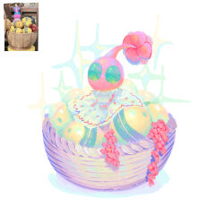Rule 34 | aqua eyes, basket, circle skirt, colored skin, dress, easter egg, egg, flower, frilled dress, frills, heart, heart print, highres, long dress, looking at viewer, nintendo, no humans, no mouth, photo inset, pikmin (creature), pikmin (series), pink flower, pink skin, reference inset, shadow, simple background, sitting, solid circle eyes, solo, sparkle, white background, white dress, winged pikmin, wisteria, yu pikmin