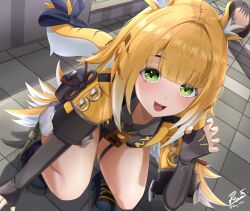 Rule 34 | 1girl, absurdres, animal ears, artist name, black gloves, black shorts, blue shoes, blunt bangs, blush, brown hair, claw pose, colored inner hair, commentary, dutch angle, elbow gloves, english commentary, fingerless gloves, from above, gloves, green eyes, grey shirt, highres, ju fufu, looking at viewer, multicolored hair, open mouth, orange hair, reymrd, shirt, shoes, shorts, signature, smile, solo, squatting, stone floor, striped hair, tail, thighs, tiger ears, tiger girl, tiger tail, twitter username, vest, white hair, yellow vest, zenless zone zero