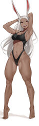 Rule 34 | 1girl, absurdres, animal ear fluff, animal ears, armpits, arms behind head, arms up, bare arms, bare legs, bare shoulders, barefoot, bikini, black bikini, blush, boku no hero academia, breasts, commentary, dark-skinned female, dark skin, feet, full body, grey hair, highres, large breasts, linked bikini, long eyelashes, long hair, looking at viewer, mirko, navel, open mouth, parted bangs, rabbit ears, rabbit girl, red eyes, short eyebrows, simple background, smile, solo, standing, swimsuit, tbocart, tiptoes, toes, very long hair, white background