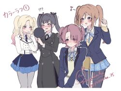 !? 4girls amaya_tsubame arimura_mao black_coat black_pantyhose blazer blue_jacket blue_overskirt blue_ribbon blue_skirt blush coat commentary_request cropped_legs embarrassed gakuen_idolmaster hand_mirror hand_on_own_chin hatsuboshi_gakuen_school_uniform highres himesaki_rinami holding holding_mirror idolmaster jacket juo_sena long_hair matching_hairstyle mirror mole mole_under_eye multiple_girls musical_note neck_ribbon on_chair pantyhose ribbon school_uniform shirt signature simple_background sitting skirt smile stroking_own_chin twintails twitter_username two_side_up very_long_hair white_background white_jacket white_shirt yuzuriha_35