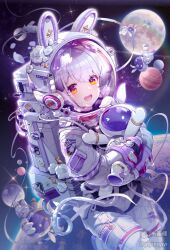 1girl animal_ears astronaut earth_(planet) fake_animal_ears helmet highres holding looking_at_viewer moon open_mouth original planet rabbit_ears smile solo space space_helmet spacesuit teeth upper_teeth_only yiyieryiyi