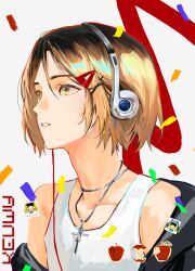 Rule 34 | absurdres, apple, black jacket, blonde hair, brown hair, collarbone, confetti, english text, food, from side, fruit, haikyuu!!, hair between eyes, hair ornament, hairclip, headphones, highres, jacket, jewelry, kozume kenma, looking to the side, medium hair, multicolored hair, necklace, nose, parted lips, portrait, shirt, simple background, sleeveless, sleeveless shirt, teeth, tuuuuuututu, two-tone hair, watermark, weibo username, weibo watermark, white background, white shirt, yellow eyes