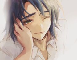 Rule 34 | 1boy, 1girl, athrun zala, blue hair, blush, cagalli yula athha, collared shirt, grey background, gundam, gundam seed, one eye closed, she (morianosu), shirt, short hair, simple background, smile, white shirt